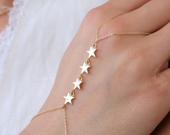 14K Gold Star Hand Chain Bracelet, Minimal Star Slave Bracelet, Delicate Hand Jewelry, Gift for Her