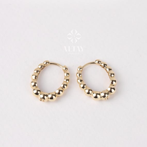 14K Gold Beaded Huggie Hoops, Tiny Bead Huggie Hoops, Bold Statement Earrings, Dainty Gold Ball Hoops, Minimalist Helix Piercing Gold Hoops