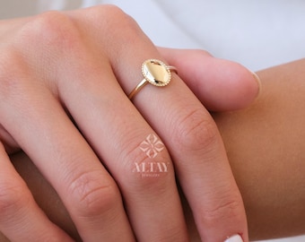 14K Gold Oval Signet Ring, Personalized Initial Ring, Minimalist Ring, Gold Letter Ring, Dainty Letter Ring, Single Bead Pinky Ring, Gift
