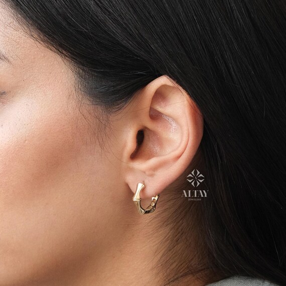 14K Gold Bamboo Earrings, Thick Bamboo Hoop Earrings, Small Hoop Earrings, Huggie Hoop, Modern Hoop, Chunky Gold Hoop, Gift For Wife