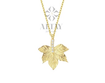 14K Gold Maple Leaf Necklace, Canadian Maple CZ Diamond Pendant Necklace, Canada Leaf Charm, Fall Leaf Jewelry, Dainty Layering Necklace