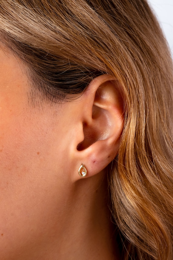 14K Gold CZ Diamond Pear Stud Earrings, Tear Drop Earrings, Tragus Stud, Open Circle Studs, Geometric Earrings, Solid Gold Earrings