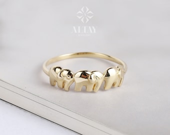 14K Gold Three Elephant Ring, Stacking Elephant Ring, Animal Gold Band  Ring, Good Luck Ring, Mother Elephant Ring, Valentines Day Gift