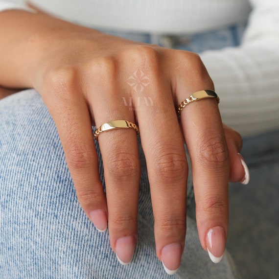 14K Gold Dainty Bar Ring, Cuban Link Ring, Thick Chain Curb Name Ring, Custom Rectangle Ring, Memorial Gold Stacking Ring, Letter Band