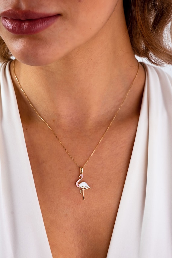 14K Gold Flamingo Necklace, Dainty Flamingo Pendant, Bird Charm Necklace, Minimalist Animal Charm Necklace, Dainty Necklace, Gift For Wife