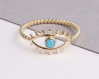 14K Gold Eye Ring, Turquoise Stone Ring, Unique Design Gold Ring, Dainty Protection Ring, Good Luck Ring, Tiny Evil Eye Gold Band Ring