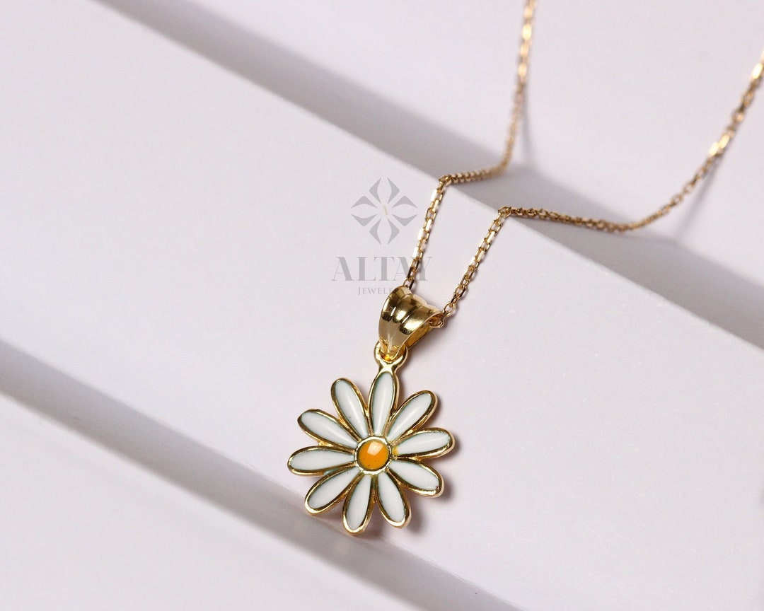 daisy♡14kgf 14K Gold Daisy Necklace, Gold Flower Pendant, Yellow and White