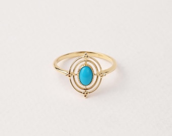 14K Gold Turquoise Stone Ring, Compass Polar Star Band, North Star Turquoise Ring, Astrology Starburst Ring, Luck Star, Celestial Pinky Ring