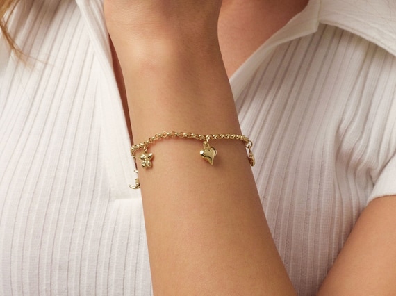 14K Gold 3mm Rolo Chain, Gold Heart Charm Bracelet, Love Bracelet, 3D Bee Moon Heart Clover Charm Jewelry, Link Heart Bracelet, Gift for Her