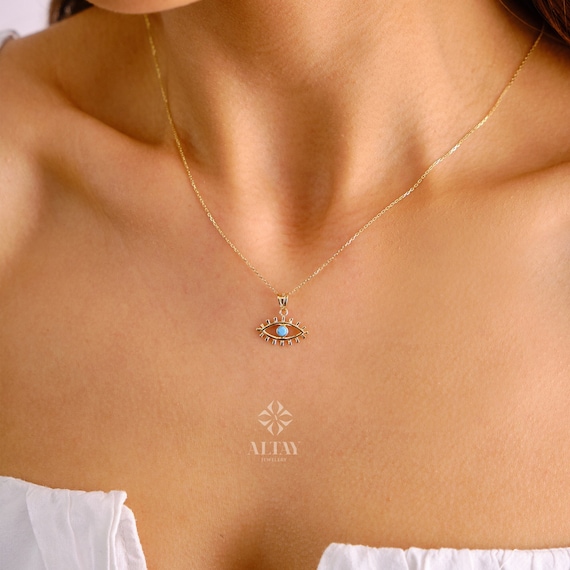 14K Gold Evil Eye Necklace, Blue Stone Nazar Pendant, Dainty Real Gold Protection Necklace, Minimal Eye Jewelry, Gift for Her