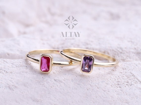 14K Gold Birthstone Ring, Baguette Gemstone,  Vintage Gold Stackable Ring, Dainty Gold Elegant Ring, Art Deco Wedding Band, Gift For Her