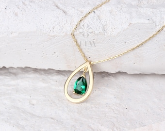 14K Gold Emerald Teardrop Necklace, Pear Cut Green Stone Pendant, Dainty Real Gold Necklace, Minimal Birthstone Jewelry, Gift for Her