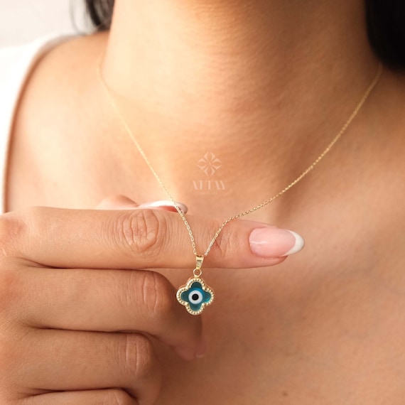 14K Gold Evil Eye Necklace, Clover Evil Eye Necklace, Evil Eye Charm Pendant, Hamsa Nazar Necklace, Lucky Clover Necklace, Women Necklace