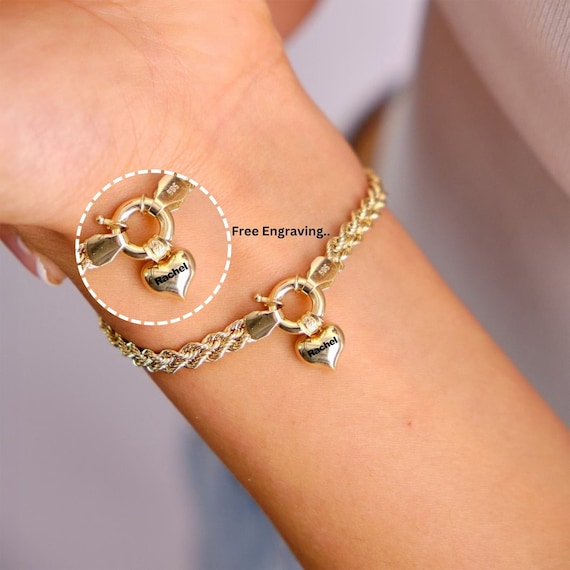 14K Gold Rope Chain Bracelet, 4.7mm Dainty Rope Bracelet, Personalized Heart Charm, Custom Engraved Heart Rope Bracelet, Initial Bracelet