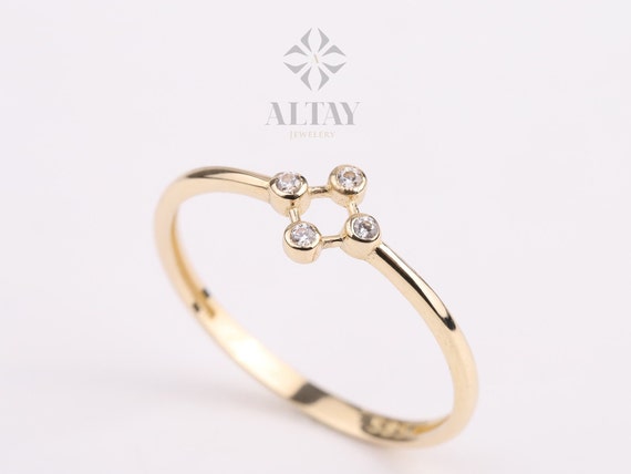 14K Gold Bezel Ring, 4 Set Cluster CZ Diamond Ring, Engagement Ring, Stacking Ring, Dainty Twist Ring, Gold Ring, Anniversary Gift For Her