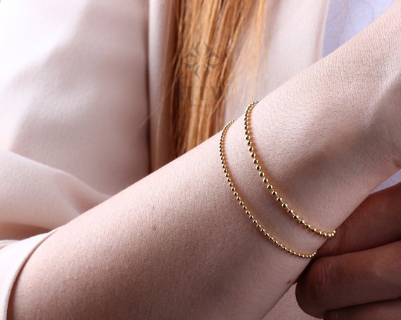 14K Gold Beaded Chain Bracelet Italian 