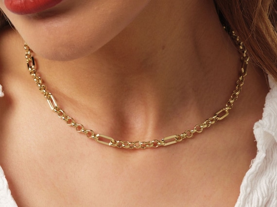14K Gold Paperclip Rolo Chain Necklace, Rectangle Long Chain, Chunky Round Chain Link Necklace, Layered Necklace, Dainty Chain, Gift For Her