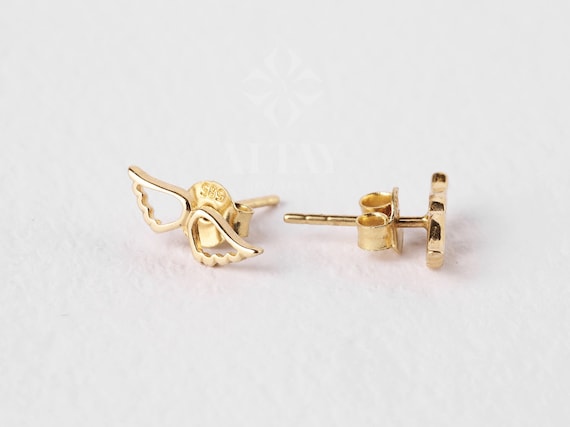 14K Gold Angel Wings Stud Earrings, Wings Stud Earrings, Gold Cartilage Stud, Minimalist Wings Piercing, Handmade Wing Stud, Gift For Her
