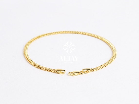 14K Gold Popcorn Bracelet, 3mm Curb Wrist Chain, Gold Herringbone Stack Link Chain, Braided Bismark Bracelet, Men Women Bracelet