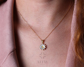 14K Gold Daisy Necklace, Gold Flower Pendant, Yellow and White