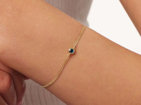 14K Gold Evil Eye Bracelet, Evil Eye Charm Bracelet, Gold Cable Chain Bracelet, Minimalist Everyday Protective Jewelry, Gift For Her