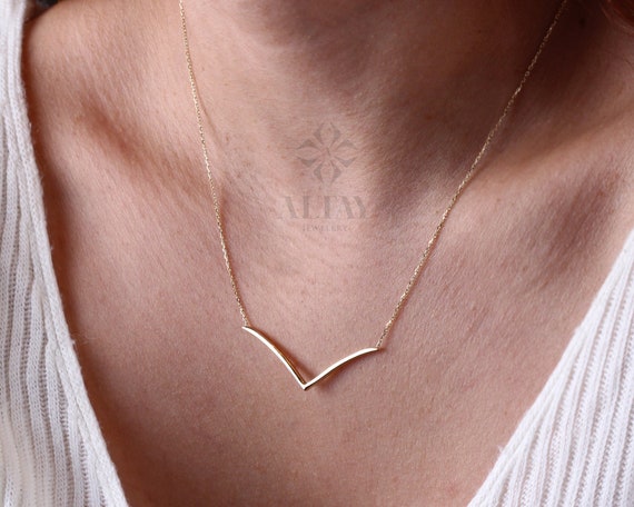 14K Gold V Shaped Necklace, Chevron Necklace, Dainty V Pendant, Minimalist Geometric Chevron V Charm, Wedding Necklace, Gift For Her