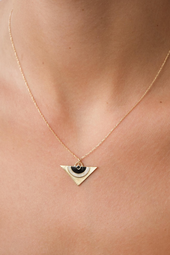 14K Gold Sunburst Triangle Necklace, Art Deco Geometric Pendant, Minimal Statement Jewelry, Unique Gift for Her