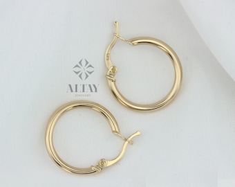 14K Solid Gold Earrings, 2mm Thick Classic Lightweight Hoops, Clasp Hoops, Stacking Hoops, Pair Of Hoops, Valentine's Day Gift For Her