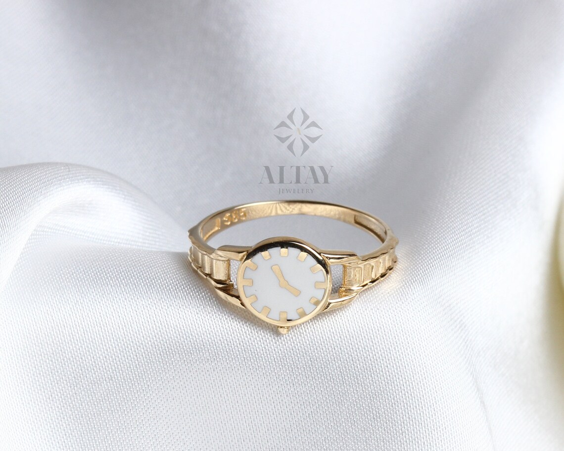 14K Gold Watch Ring Round Clock Ring Dainty Ring Etsy