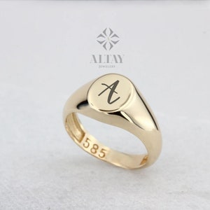 14K Gold Signet Ring, Engraved Signet Ring, Personalized Pinky Band, Minimalist Handmade Ring, Dainty Stackable Delicate Ring, Gift For Her