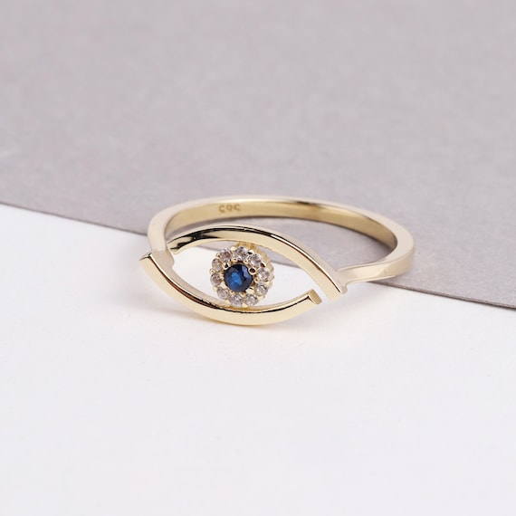 14K Gold Evil Eye Ring, Tiny Evil Eye Band Ring, Hamsa Pointer Ring, Sapphire Ring for Women, Third Eye Ring, Delicate Pinky Protection Ring