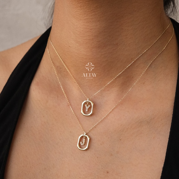 14K Gold Initial Necklace, Gold Letter Necklace, Square Block Letter, Custom Personalized Necklace, Medallion Necklace, Gift For Her Him
