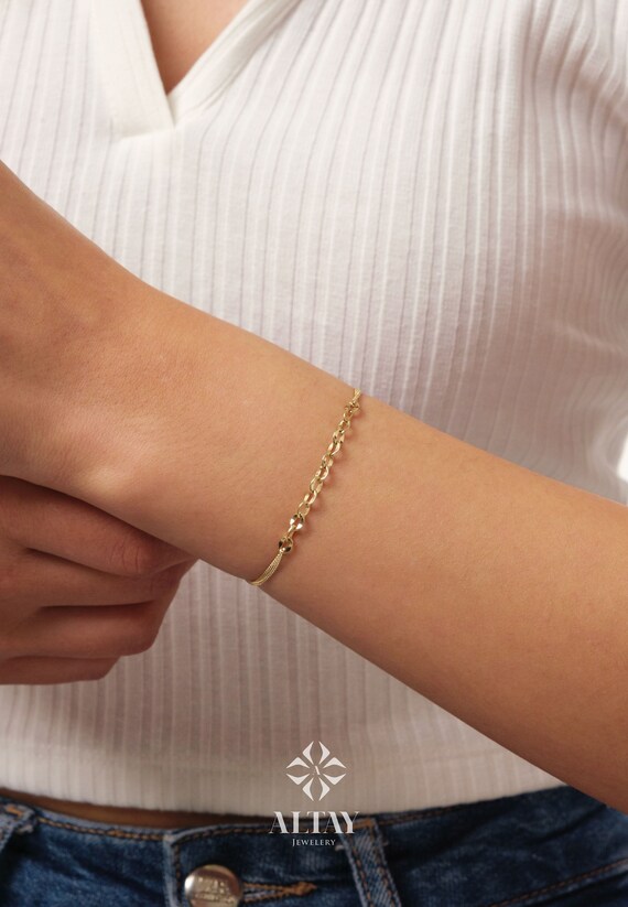 Bracciale a catena ovale in oro 14 carati, bracciale a catena cubana da 1,1 mm, bracciale a catena scintillante, bracciale a mezza graffetta, bracciale impilabile minimalista - Italia