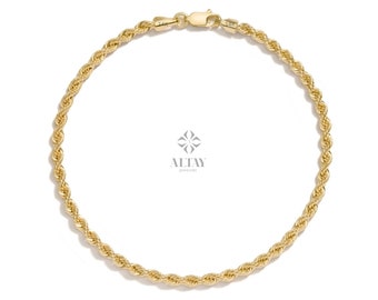 Pulsera de cadena de cuerda de oro de 14K, pulsera de cadena de cuerda retorcida, pulsera de cuerda de oro, pulsera de cadena de oro, pulsera de cuerda de hombres de mujeres de oro delicado