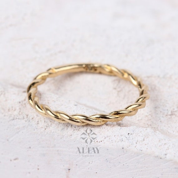 14K Solid Gold Twist Ring, Rope Style Twisted Gold Ring, Dainty Stacking Ring, Simple Delicate Stack Twist Ring, Thin Twist Wedding Band