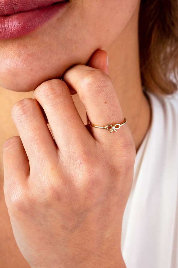 14K Gold Ribbon Ring, Bow Tie Band Ring, Dainty Love Knot Ring, Minimal Promise Ring, Index Finger Ring, Gold Infinity Bow Knot Ring