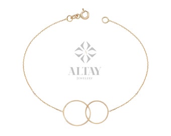 14K Gold Unity Link Bracelet, Infinity Charm Bracelet, Double Circle Interlocking Bracelet, Family Bracelet, Eternity Two Ring Bracelet