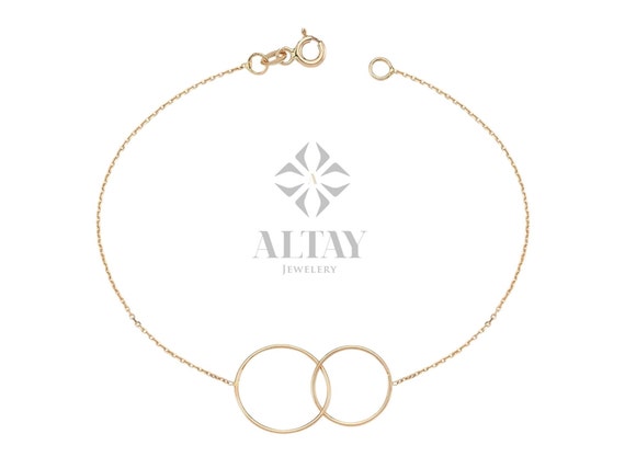 14K Gold Unity Link Bracelet, Infinity Charm Bracelet, Double Circle Interlocking Bracelet, Family Bracelet, Eternity Two Ring Bracelet