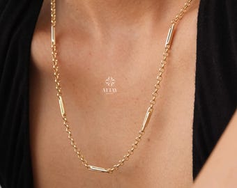 14K Gold Long Paperclip Rolo Chain Necklace, Rectangle Long Rolo Chain, Chunky Round Chain Link Necklace, Layered Necklace, Dainty Chain
