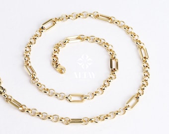 14K Gold Rectangle Long Chain Necklace, Paperclip Italian Rolo Chain, Chunky Round Chain Link Necklace, Layered Everyday Choker Necklace