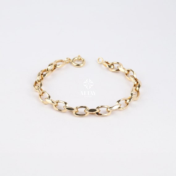 14K Gold Paperclip Rolo Chain Bracelet, Belcher Chain Bracelet, Oval Rectangle Paper Clip Chain, Faced Chain Bracelet, Dainty Gold Bracelet