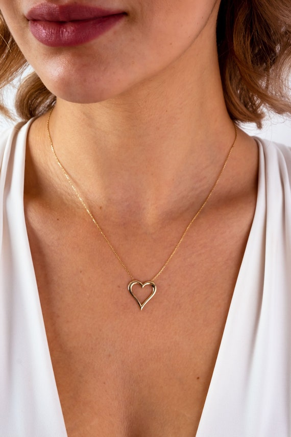 14K Gold Open Heart Necklace, Heart Pendant Necklace, Heart Outline Necklace, Love Charm Choker, Forever Love Necklace, Anniversary Gift