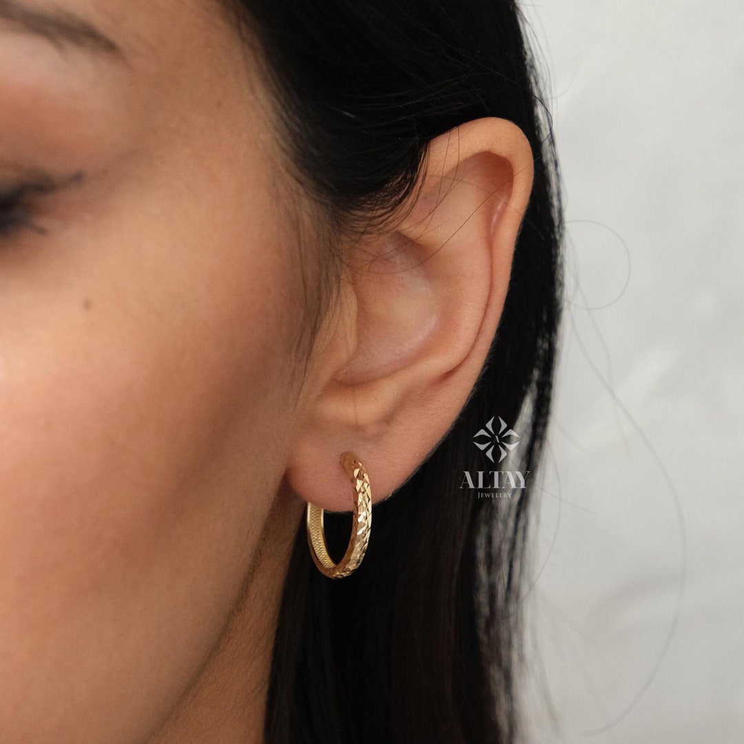 14K Gold Cuff Dome Huggie Earrings, Disco Ball Pattern Hoops, Curved ...