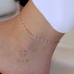 14K Gold Glitter Chain Anklet, Sequin Sparkle Chain Anklet, Mirror Faceted Anklet, Minimalist Gold Anklet, Flat Link Chain Anklet