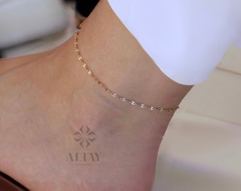 14K Gold Glitter Chain Anklet, Sequin Sparkle Chain Anklet, Mirror Faceted Anklet, Minimalist Gold Anklet, Flat Link Chain Anklet