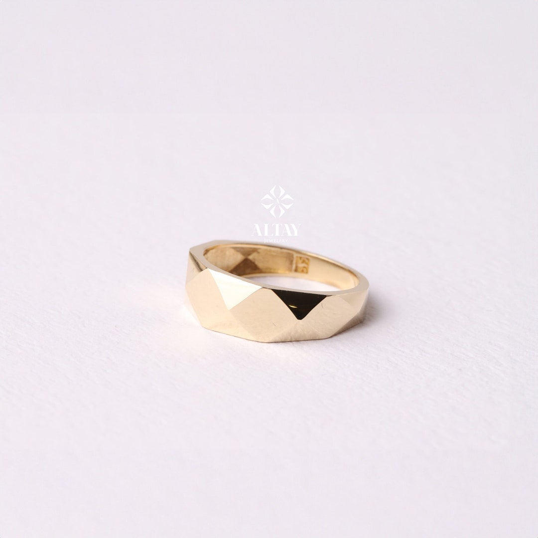 14K Gold Geometric Chunky Ring, Dainty Edge Ring, Thick Band Statement ...