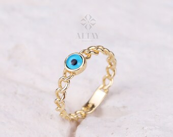 14K Gold Evil Eye Ring, Curb Chain Pinky Ring, Third Eye Ring, Turquoise Protection Ring, Good Luck Band, Round Solitaire Engagement Ring