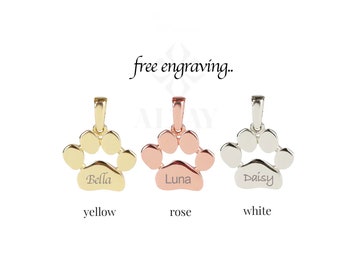 14K Gold Paw Print Name Necklace, Personalized Dog Paw Necklace, Tiny Dog Cat Lover Charm Pendant, Animal Necklace, Pet Memorial Necklace