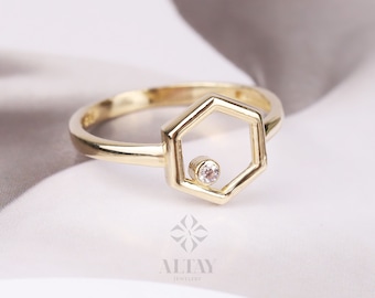 14K Gold Hexagon Ring, Birthstone Ring, Personalized Solitaire Ring, Custom Stacking Band, Dainty Wedding Ring, Engravable Geometric Ring
