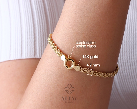 14K Solid Gold Rope Chain Bracelet, 4.7mm Dainty Rope Bracelet, Unisex Braided Bracelet, Twist Chunky Chain, Stacking Fashion Delicate